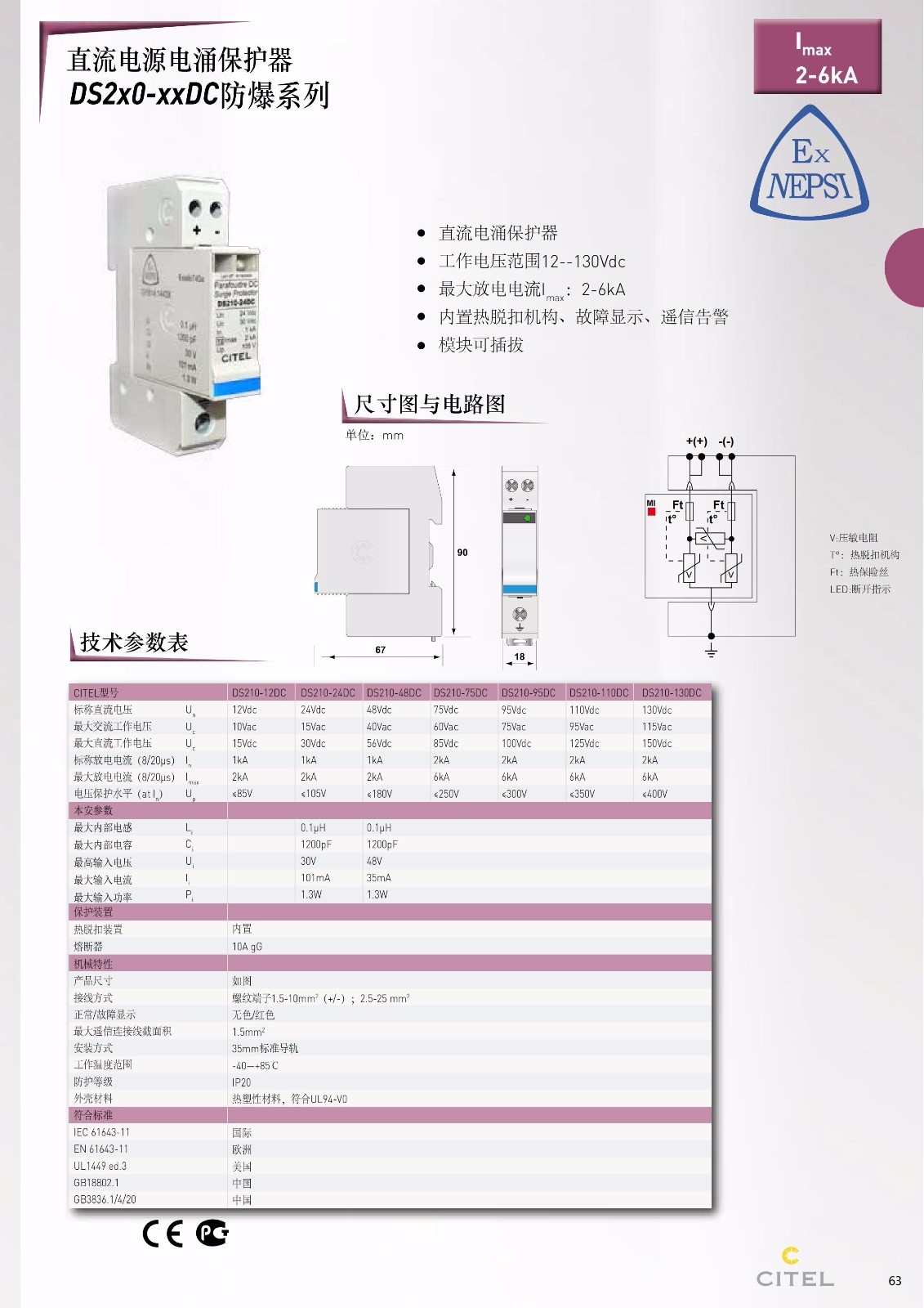 直流防雷器DS50PV-1000-30系列技術(shù)參數(shù)、規(guī)格尺寸