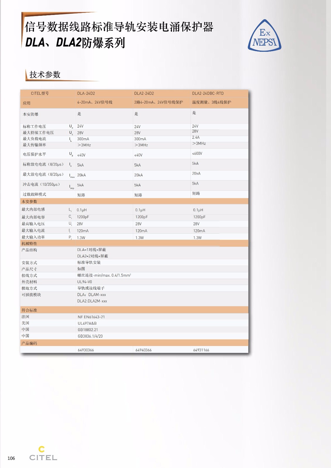 DLA-DLA2系列數據浪涌保護器技術參數